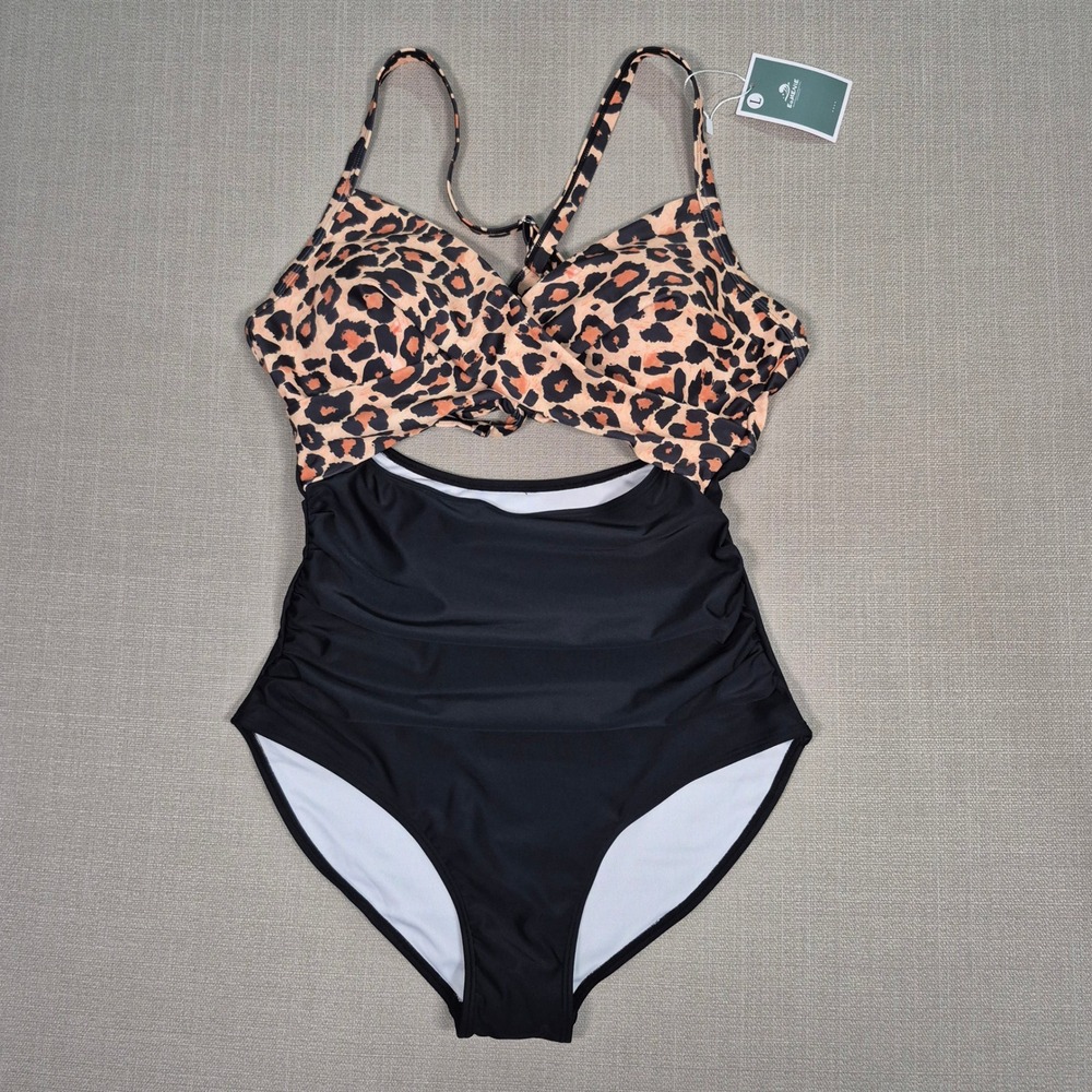 Eomenie Leopard Print Cutout One Piece Swimsuit Ruched Tummy Control Black Tan L